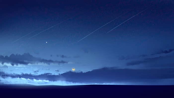 Night Sky with Shooting Stars and Crescent Moon