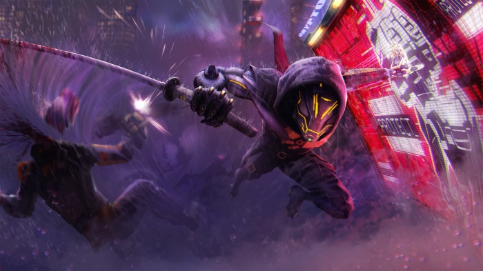 Ghostrunner in a cyberpunk city fight