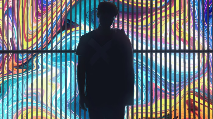 Silhouette of a person with a jacket over shoulder against colorful abstract art