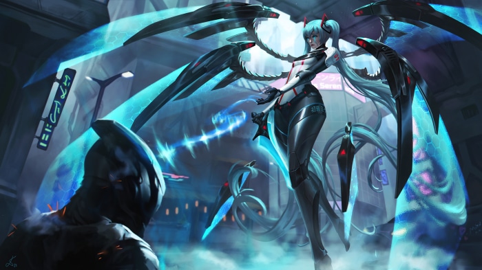 Hatsune Miku from Vocaloid in a futuristic setting