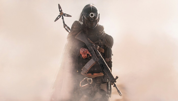 Warrior with rifle and drone