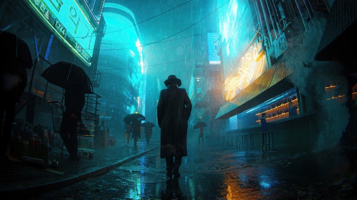 Cyberpunk city street at night with rain