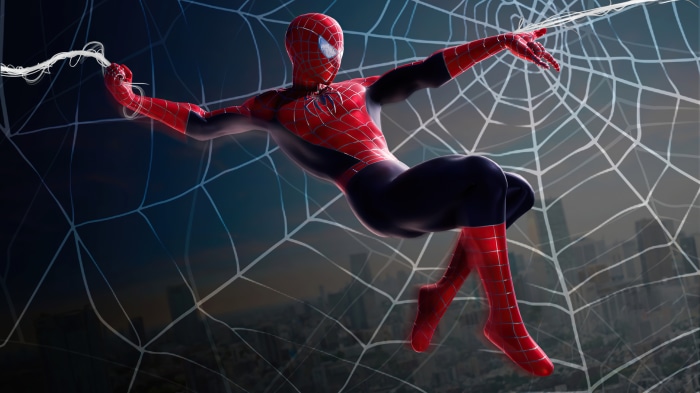 Spider-Man swinging on webs