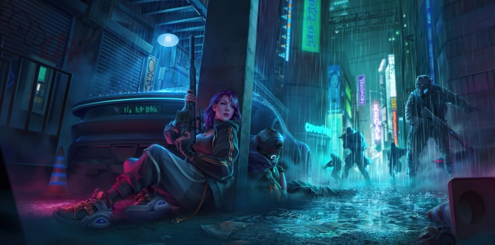 Woman with sniper rifle in a rainy cyberpunk city