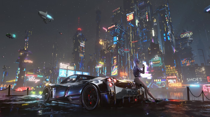 Cyberpunk Cityscape with Futuristic Sports Car and Woman
