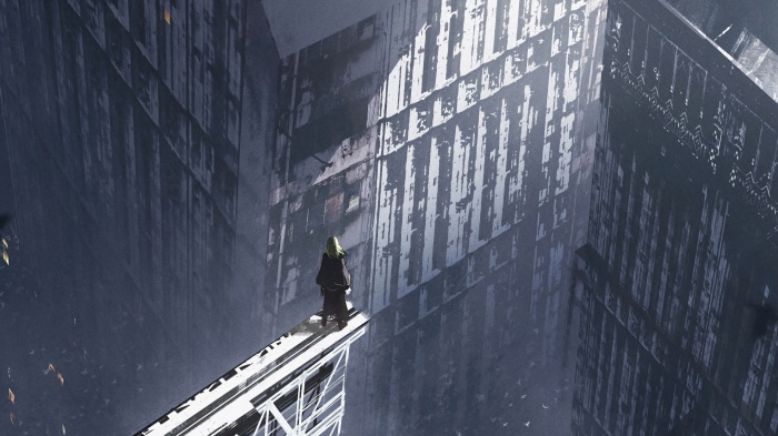 Person on a skyscraper ledge in a dystopian city