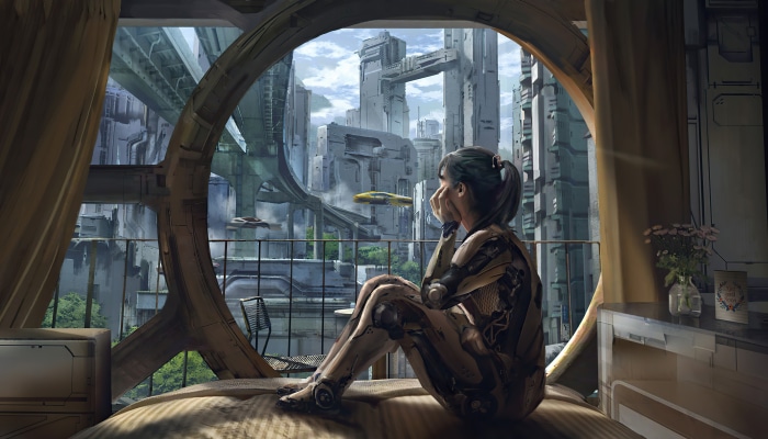 Artwork of a cyborg girl looking out at a futuristic city