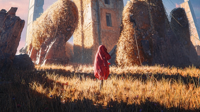 Digital art of a person in a red cloak