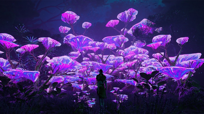 Digital art of a person in a bioluminescent forest