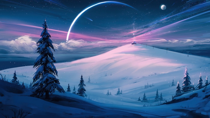 Digital Art of a Snowy Landscape with a Comet