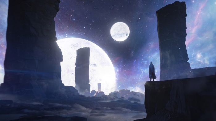 Digital art of a person standing on a cliff overlooking a celestial landscape