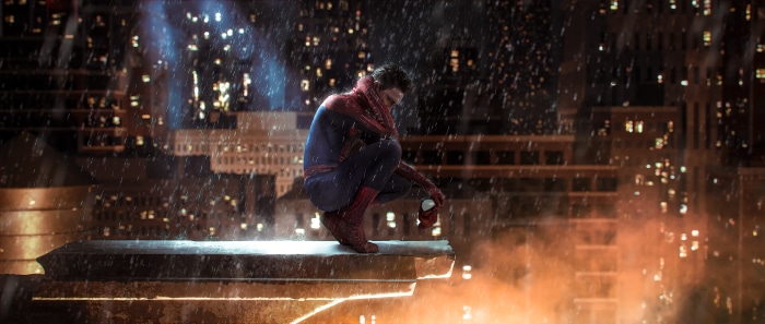 Spider-Man crouching on a ledge in the rain