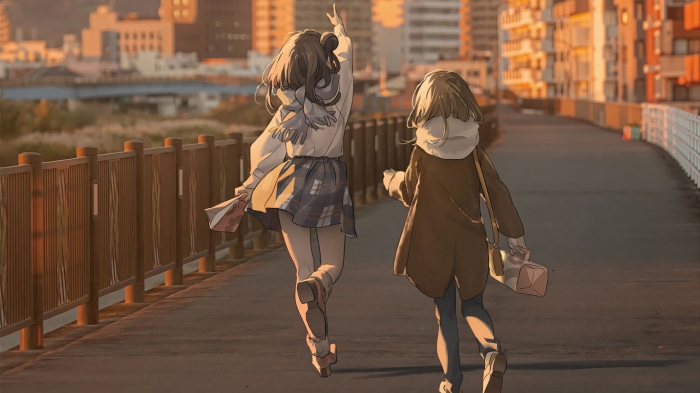 Anime girls walking on a bridge at sunset