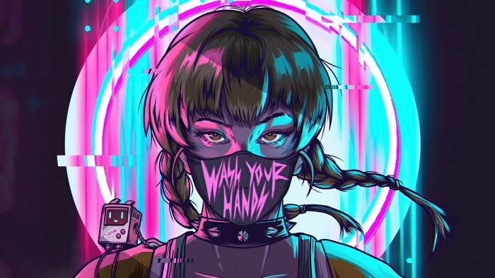 Cyberpunk girl with mask and robot companion