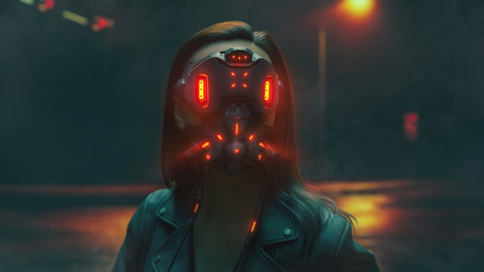 Cyberpunk woman with glowing mask