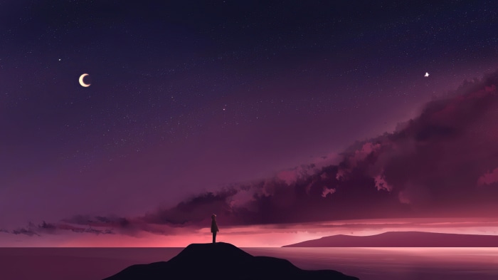 Girl on hill looking at moon and stars