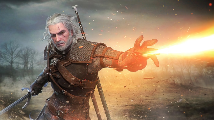 Geralt of Rivia from The Witcher 3 casting a spell