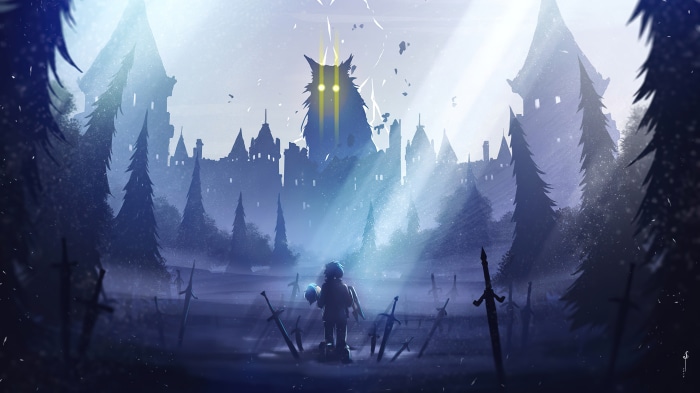 Anime artwork of a character in a field of swords before a castle with a monster