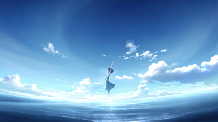 Anime girl dancing in the sky over the ocean