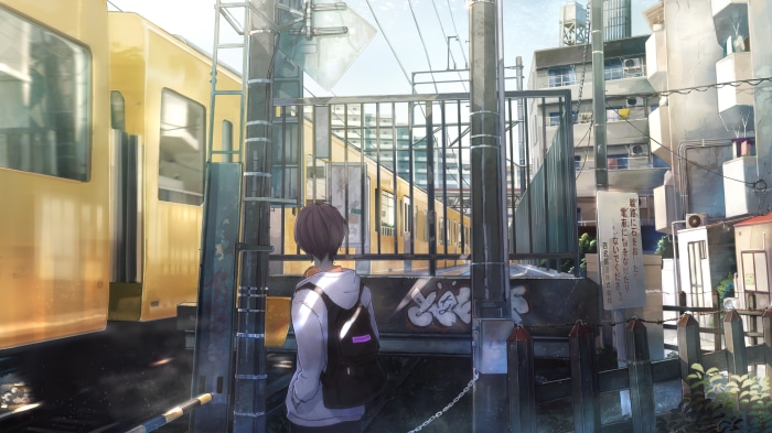 Anime boy with backpack at train station