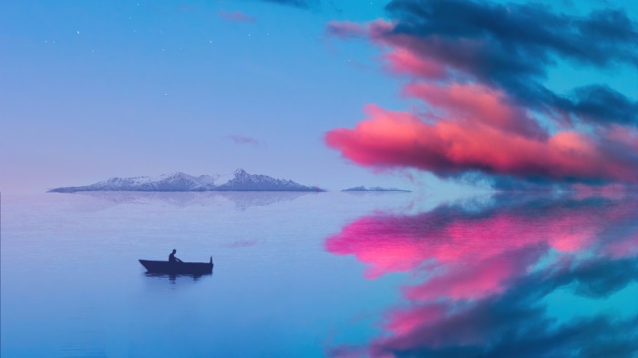 Digital artwork of a boat with a silhouette on a lake