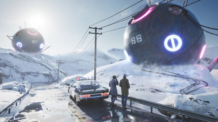 Two men and a police car in a snowy landscape with alien orbs