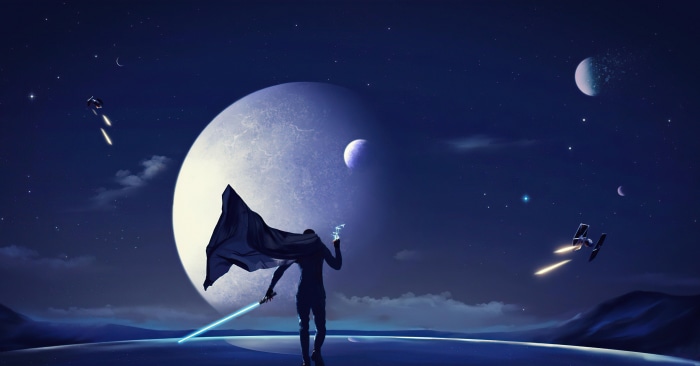 Star Wars character with lightsaber and cape on alien planet