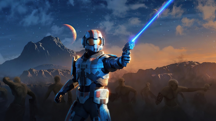 Soldier with energy weapon on alien planet with giants