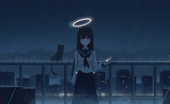 Anime girl with halo and cat on rooftop at night
