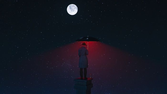 Man with umbrella under moon and stars