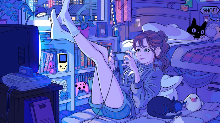 Anime girl playing video games in a room