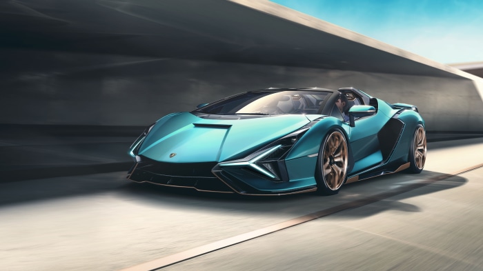 Lamborghini Sian Roadster driving on a road