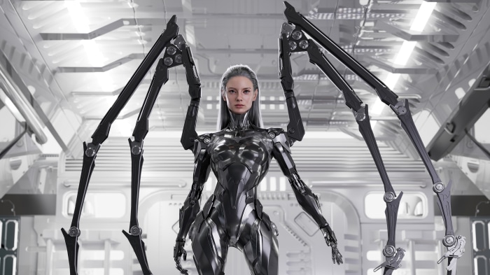 Woman with mechanical wings in a futuristic corridor