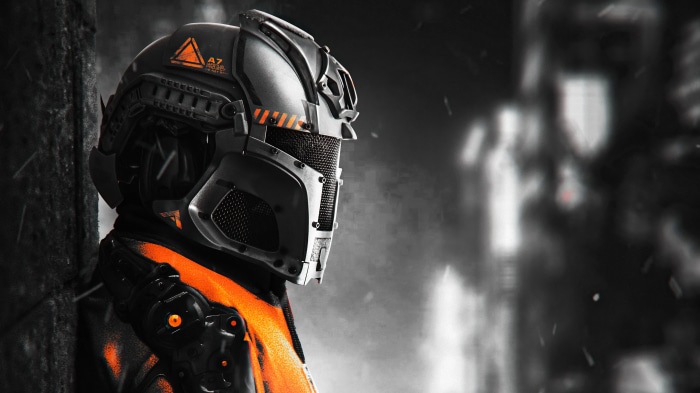 Robot with orange accents and helmet