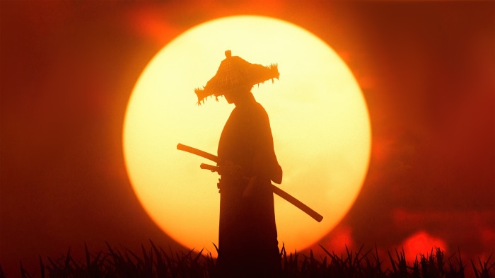 Samurai with sword in front of sunset, Ghost of Tsushima 4K
