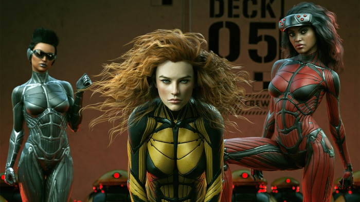 Three women in sci-fi suits