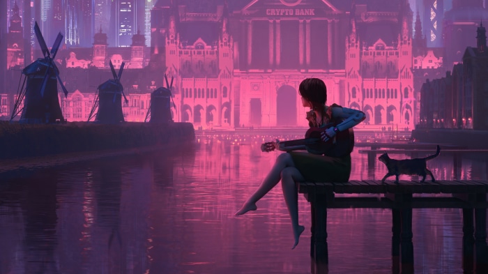 Woman playing guitar with cat on dock, Crypto Bank