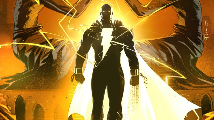Black Adam with lightning and statues