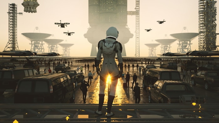 Astronaut in a futuristic scifi landscape with satellite dishes