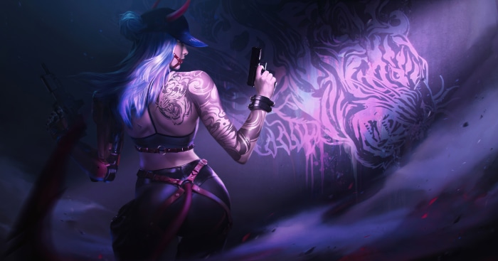 Cyberpunk woman with tattoos and guns