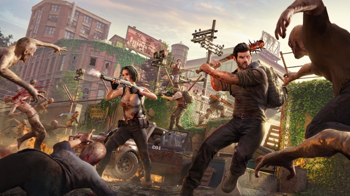 Survivors fighting zombies in a ruined city