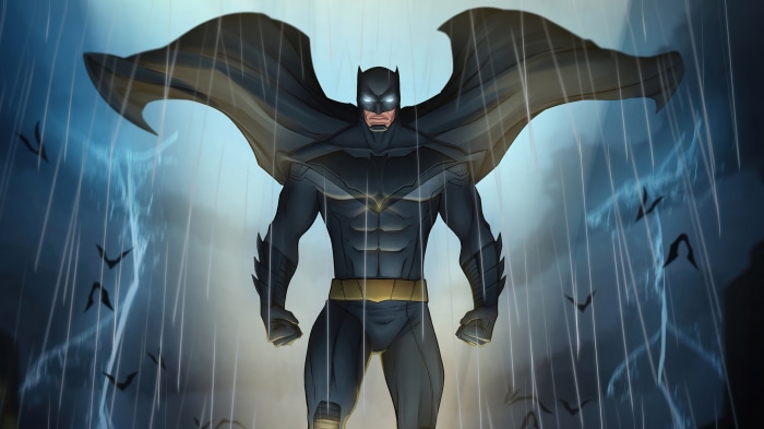 Batman in the rain with lightning and bats