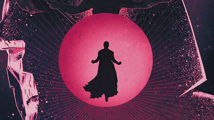 Superman silhouette against a pink circle