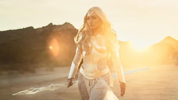 Thena from Eternals cosplay with weapon