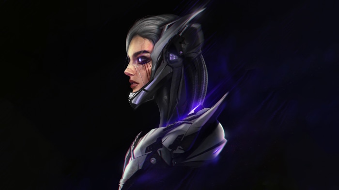 Cyberpunk woman with glowing eyes and mechanical armor