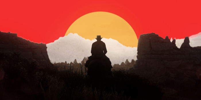 Cowboy on horseback at sunset in Red Dead Redemption 2