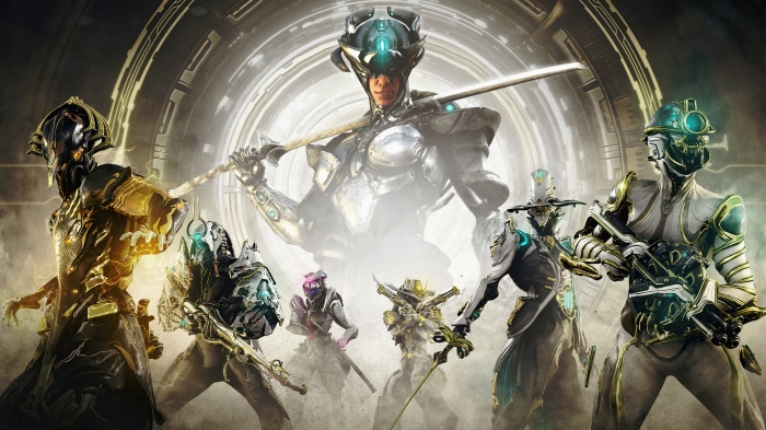 Warframe characters in front of a portal