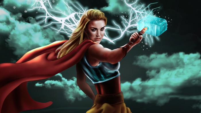 Jane Foster as Thor with Mjolnir and Lightning
