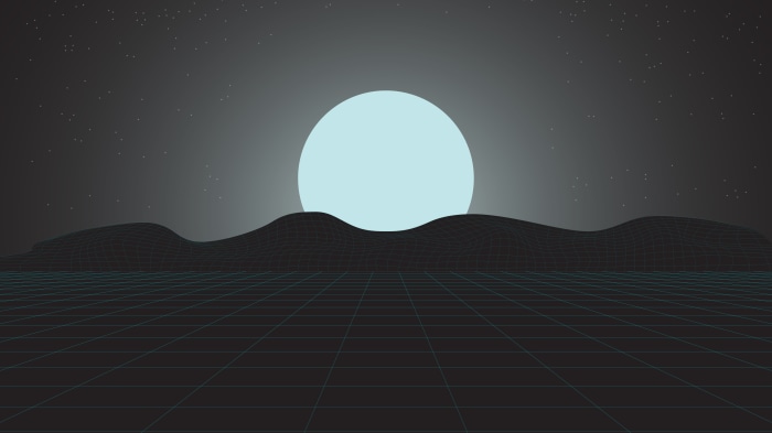 Digital art of a wireframe landscape with a large moon