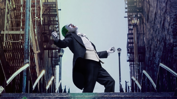 Joker in a tuxedo on a street